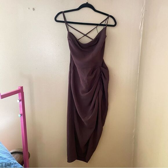 Amanda Uprichard Jasalina Brown Asymmetrical Ruched Midi Dress strappy Revolve L - Picture 9 of 9